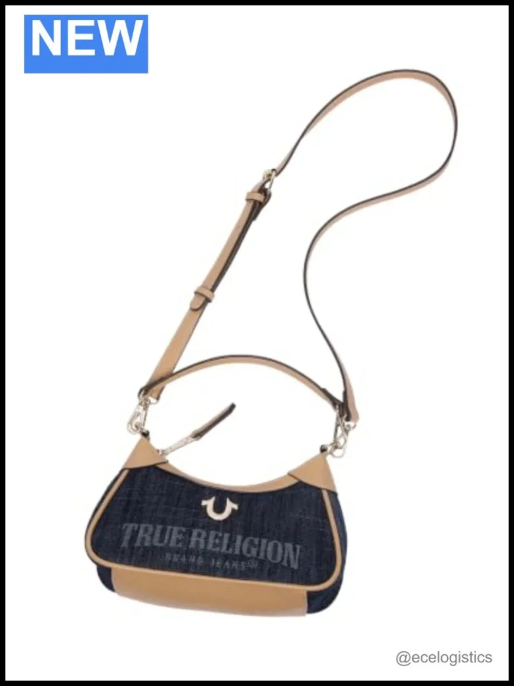 True Religion Logo Mini Shoulder Bag with Detachable Strap, Premium Denim and PU